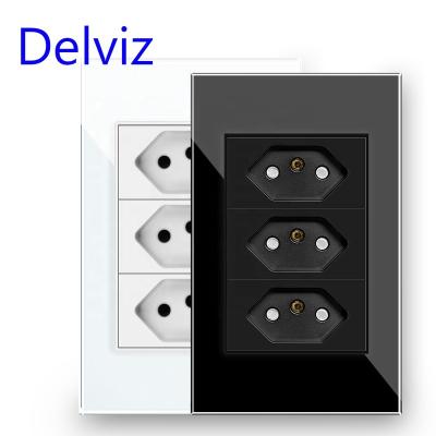 China Delviz Residential/Multipurpose 3 Gang 3 Pin Hole Brazilian Outlet, White/Black, 120mm*72mm Crystal Glass Panel, Brazil Standard 10A Power Wall Outlet for sale