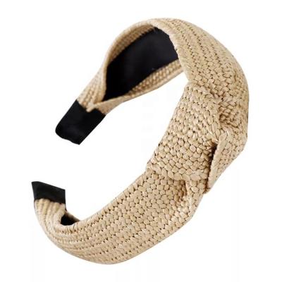 China Fashion Customizd Straw Braided Wide Rattan Headband Handwoven Raffia Knot Twisted Headwrap For Women for sale