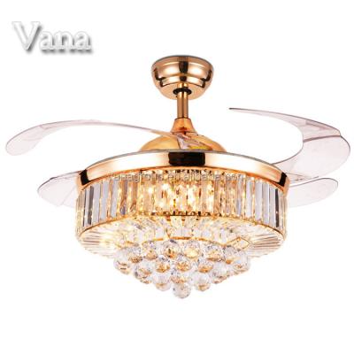 China With Knock Down Function Gold Chandelier Zhongshan Decorative Invisible 110v-220v Ceiling Fan With Light Modern Ceiling Fan Crystals for sale