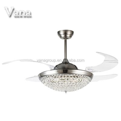 China Minimalist American Antique Gold Style Crystal Ceiling Fan Sterling Silver Blade Invisible Retractable Ceiling Fan with Crystal Chandelier for sale