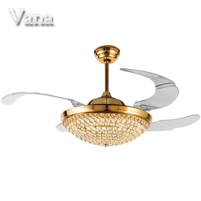 China Crystal Ceiling Fan Lights Chrome Chandlier Modern Minimalist Invisible Retractable Blade Remote Control Antique Gold for sale