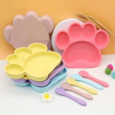 China Custom Cute Paw Design Food Grade Baby Bear Style American Baby Food Dish BPA Free Silicone Dish With Suction Cup for sale