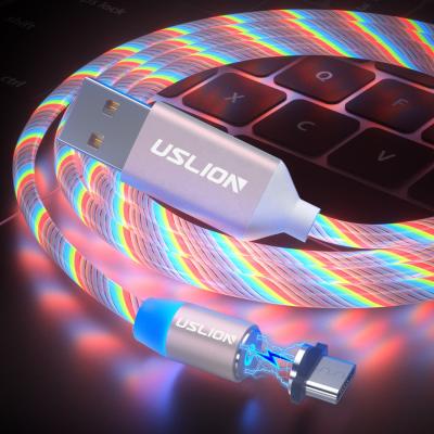 China USLION 2021 New Arrivals Fluorescence LED Luminous 360 Light Flowing Magnetic Cable Charging Cable For iPhone Micro USB Type C for sale