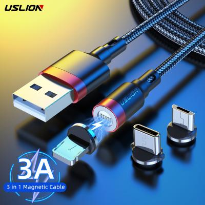 China Data Cable 3A USLION FAST CHARGER 360 Degree Rotation 3 in 1 Magnetic USB Charging Cable for iPhone Android Phone for sale