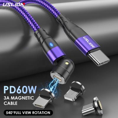 China Fast Charging USLION 60W Magnetic USB Cable 3 IN 1 Fast Charging USB Type C Cable Palladium 60W USB Cord For Samsung Galaxy S21 For Xiaomi for sale