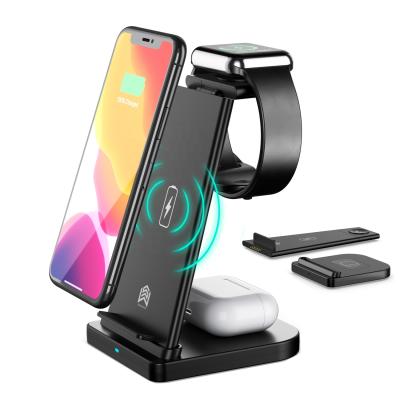 China USLION Fast Wireless Charger 15W Mobile Phone Foldable 3 in 1 Wireless Fast Charging Stand 15W Qi Phone Charger Stand for iPhone Earbuds Watch for sale