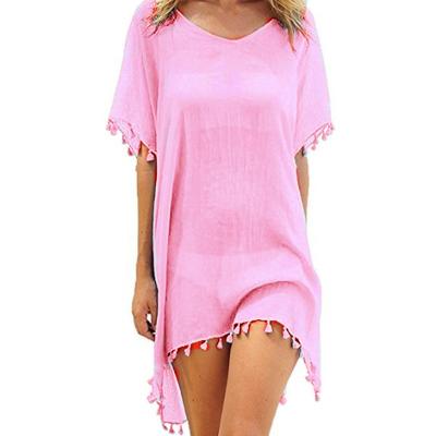 China 2022 Summer Non-Toxic Solid Color Short Sleeve Ultra Thin Round Neck Knee Length Beach Casual Dress for sale