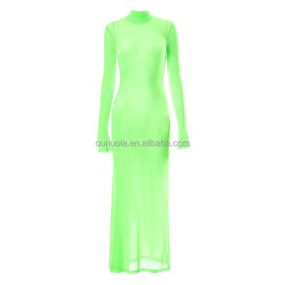 China 2021 winter new solid color perspective backless long sleeved sexy anti-static mesh long lace-up dress for sale