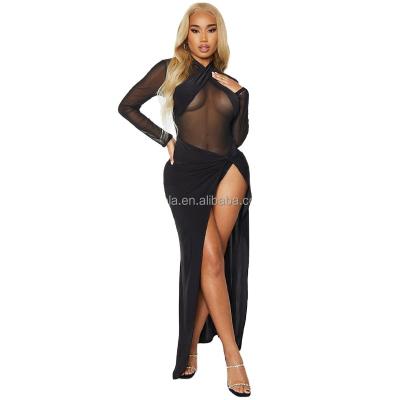 China 2022 mesh anti-static perspective springs high split side sleeve long cross swing pungent sexy dress for sale