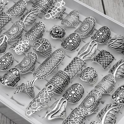 China Wholesale Cheap Bulk Lot Rings Women Men 100PC/LOT Wholesale Mix Style Design Bohemian Vintage Cut Out Flower Bulk Lots Silver Plated Jewelry Rings For Women Men for sale