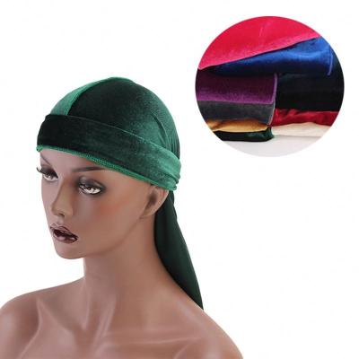 China Logo Premium Velvet Durag Custom Multifunctional 360 Waves Extra Long Straps Headwraps Men Cloth Durags for sale