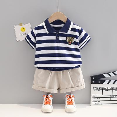 China Baby Boy Casual Clothes Summer Kids Lapel Chest Logo Boy Dress Set Solid Striped Shorts Kids Clothing Girl 2 Piece Set for sale