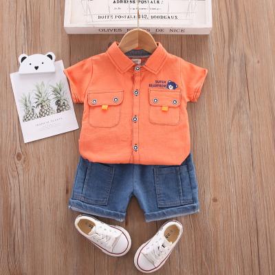 China Casual Style Leisure Bear Print Bear Printing Boy Clothing Set Pure Cotton Denim Shorts Summer Check Shirt Wholesale 2 Piece Sets for sale