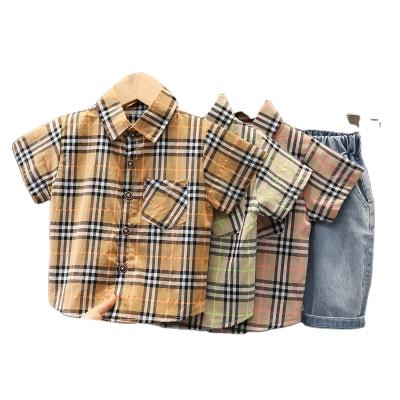 China Summer Kids Baby Boy Casual Cotton Plaid Shirt Boy Clothes Breathable Set Denim Shorts Kids Clothing 2 Piece Set for sale