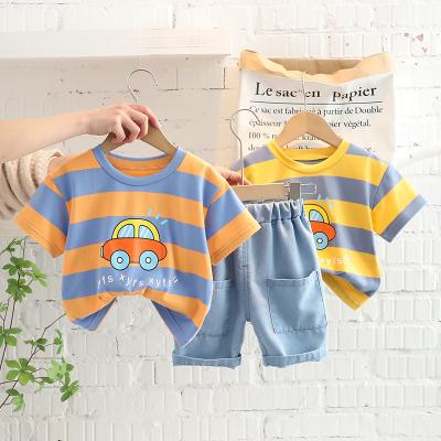 China Wholesale 2 Piece Sets Boy Clothing Set Fashion Cartoon Car Shorts Sleeve Summer Casual Striped Short Girl Clothing Sets for sale