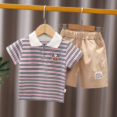 China Wholesale Cotton Summer Check Shirt Boy Clothing Set Cartoon Beef Head Logo Button Style Casual Jeans Shorts Sleeve 2 Pieces for sale