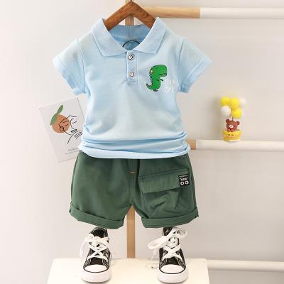 China Wholesale Cotton Summer Check Shirt Girls Boy Clothing Set Dinosaur Cartoon Pattern Style Short Sleeve Casual Jeans Shorts 2 Pieces for sale