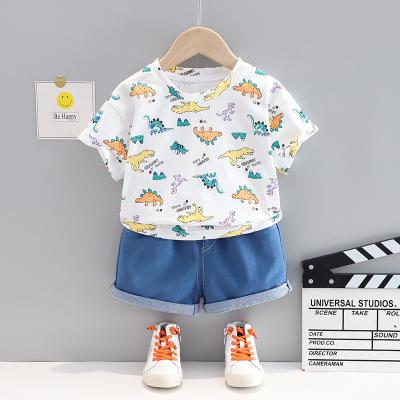 China Baby Boy Casual Clothes Summer Kids Full Print Dinosaur Boy Dress Set Short Sleeve Denim Shorts Kids Clothing Girl 2 Piece Set for sale