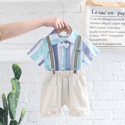 China Boy's Clothing Set Racial Discrimination Casual Straps Bows Style Short Sleeve Casual Shorts Cotton Summer Sheer Check Shirt Wholesale 2 Pieces for sale