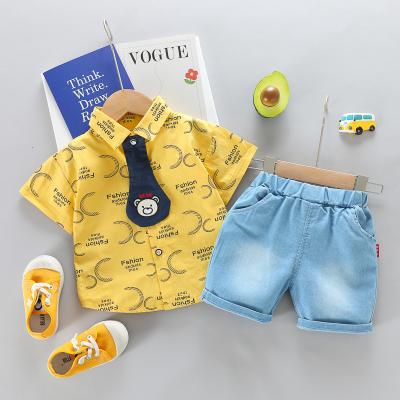 China Casual Boy Clothing Set Tie Bear Shorts Sheath Pure Cotton Denim Shorts New Breathable Summer Plaid Shirt Wholesale 2 Pieces for sale