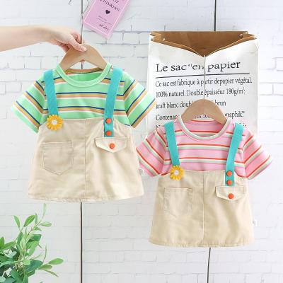 China Breathable baby clothing striped solid color strap skirts 100% cotton summer clothes for kids girls dresses 2 piece sets for sale