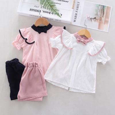 China Summer Clothing Baby Shorts Solid Color Bow Tie Breathable Soft Short Sleeve Design Casual Clothes Factory 2 Piece Sets for sale