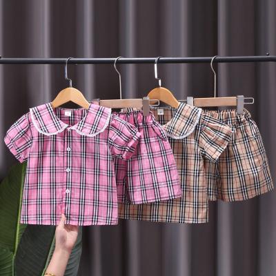 China Breathable Baby Clothing Plaid Shirt Suit Shorts Sheaths Lace Collar Casual Shorts Summer Clothes Wholesale 2 Piece Sets for sale