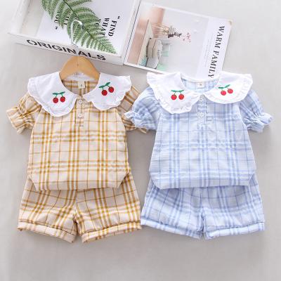 China Breathable Baby Clothing Plaid Print Shorts Sheaths Cherry Collar Casual Shorts Summer Clothes Wholesale 2 Piece Sets for sale