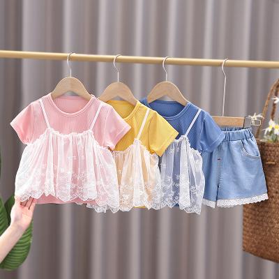 China Girls Boy's Casual Clothing Set Suit Wholesale Cute 2 Summer Fashion Cotton Lace Sheer Sleeve Princess Children's Shorts for sale