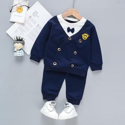 China Wholesale Loose Autumn Clothes Girl Long Pants Coat Baby Toddler Boys Clothing Long Sleeve Casual Bowknot Badge 2 Piece Sets for sale