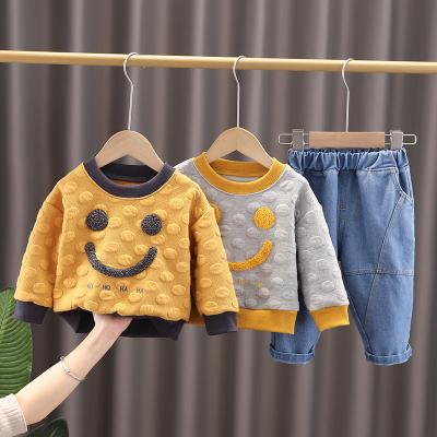 China Boys Anti-Static Clothing Set High Quality Children Smiley Polka Dot Painting Sweater Winter Clothing Baby Boy Clothing Two Piece Set for sale