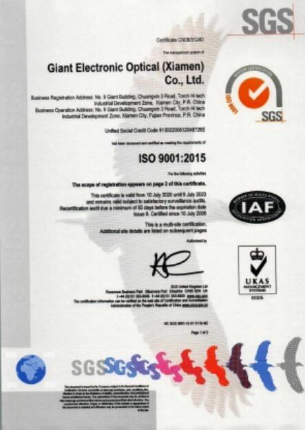 ISO9001 - Giant Electronic Optical (xiamen) Co., Ltd.