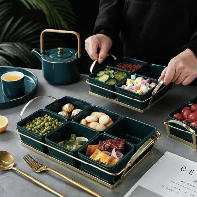 China Minimalist Malachite Six Grid Green Ceramic Grid Dishes With Iron Parlor Candy Melon Seed Snack Dried Fruit Dish for sale