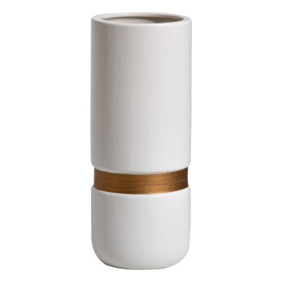 China Minimalist ceramic electroplating white ceramic vase Nordic cylindrical white gold waist vase ornament with gold for sale