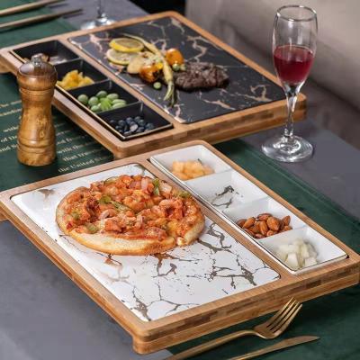 China Sustainable Nordic Creative Marble Golden Plate Square Snack Pizza Western Restaurant Dish With Grid for sale