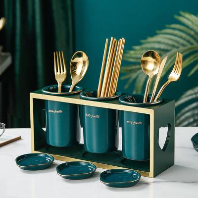 China Retro Living Nordic Gold-Painted Green Three Malachite Chopstick Cage, Knife and Fork Memory Tube for sale