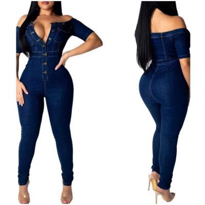 China Plus Size 2021 Fashion Wholesale Off The Shoulder Blue Denim Overalls With Short Sleeves Overalls for sale