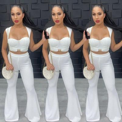 China 2020 Summer Breathable Chic Women Fashion Stylish Casual Low Cut Sexy Solid Top 2 Pcs Ruched Crop Top And High Waist Long Pants Set for sale