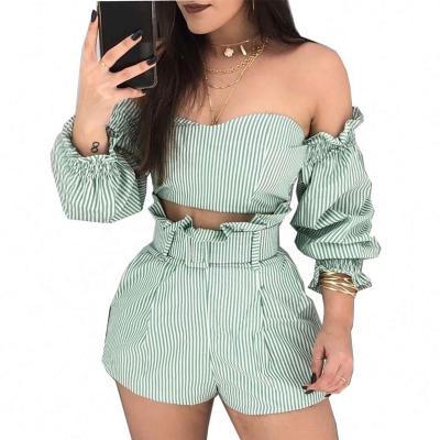 China Anti-Wrinkle Two-Piece Women's One-Piece Collar Off-the-Shoulder Shirt Top and High-Waisted Straight-Leg Waist Shorts Long Sleeve Striped Suit for sale