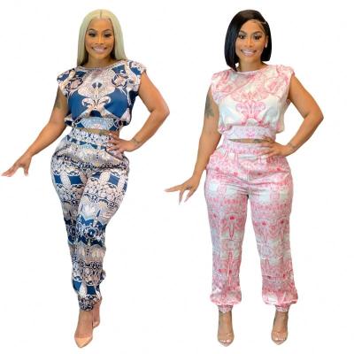 China QUICK DRY Women Plus Size 2 Piece Set Sleeveless Crop Print Top Stylish Pants Set for sale