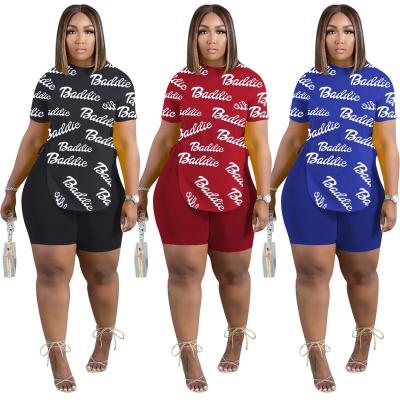 China 2022 New Arrivals QUICK DRY Chic Curve Edge All Over Print Shirt And Biker Shorts 2 Pieces Set Women Summer Plus Size Clothing for sale