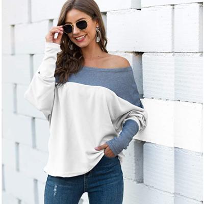 China 2021 Hot Selling Anti-Wrinkle Fashion Casual Women Ribbing Hoodies Shirt Color Splice One Shoulder Long Sleeve Top For Ladies for sale