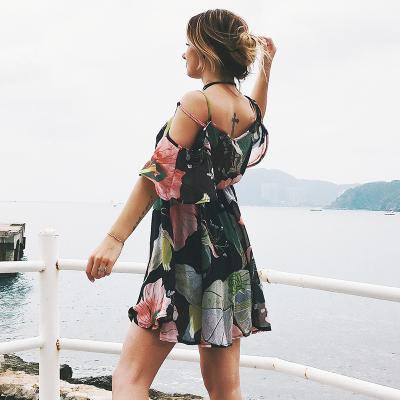 China High Quality Anti-static Backless Printed Floral Casual Dresses Strapless V-Neck Flower Mini Beach Dress for sale