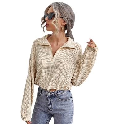 China Wholesale Anti-wrinkle Women Hoodie Half Zipper Placket Cotton Waffel Knit Hoodie Streetwear Pullover Ladies Crop Top for sale