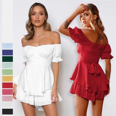 China Anti-Static Fashion Solid Color Pleated Lantern Sleeves Shoulder Romper Women's Summer Loose Waist Ruffle Jumpsuit for sale