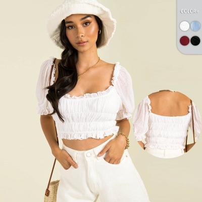 China New QUICK DRY Tultra Fashion Chiffon Square Collar Short Wrinkle Summer Women's Sexy Crop Full With Navel Exposed for sale