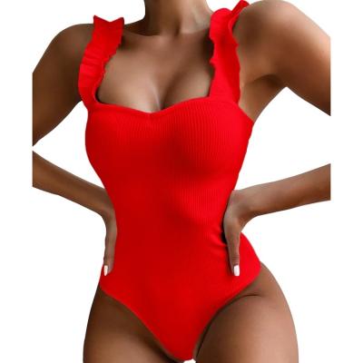 China Hot Popular Sexy Female One Piece Swimsuit Ruffled Lift Up Plus Size Vintage New Red Solid Color Swimwear Women Padded Swimwear for sale