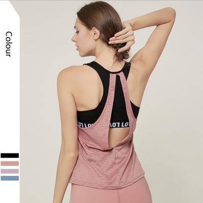 China OEM Logo Service Open Back Ladies Custom Simple Crop Gym Singlet Top Women Sport Yoga Bra Mesh Tank Top Letters Printed for sale