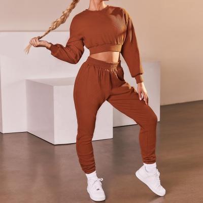 China Wholesale Crop Top Hoodies Breathable Two Piece Set Women Jogging Sporty Brown Sweater Fitness Sports Gym Tracksuit Tracksuit for sale