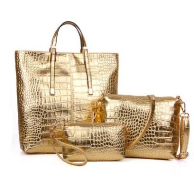 China Lady 3 Pcs Luxury Fancy Handbag MOQ 2 Gold Tote Bag Set For Lady for sale